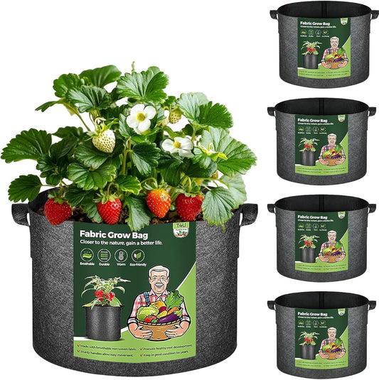 Fabric Plant Grow Bags with Handle 10 Gallon Pack of 5, Heavy Duty Nonwoven Smart Garden Pot Thickened Aeration Nursery Container Black for Outdoor Flower and Vegetables