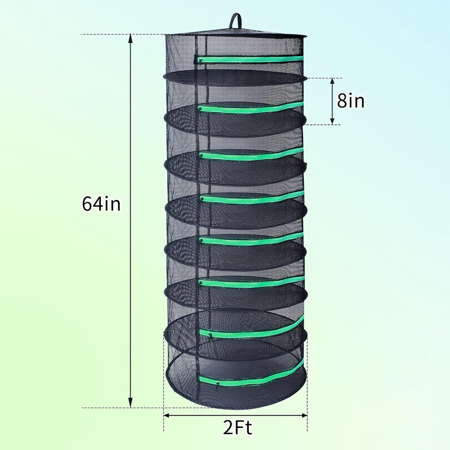 Herb Drying Rack 8 Layer 2Ft Diameter Plant Hanging Mesh Dry Net W/Green Zipper, Free Garden Pruning Shears